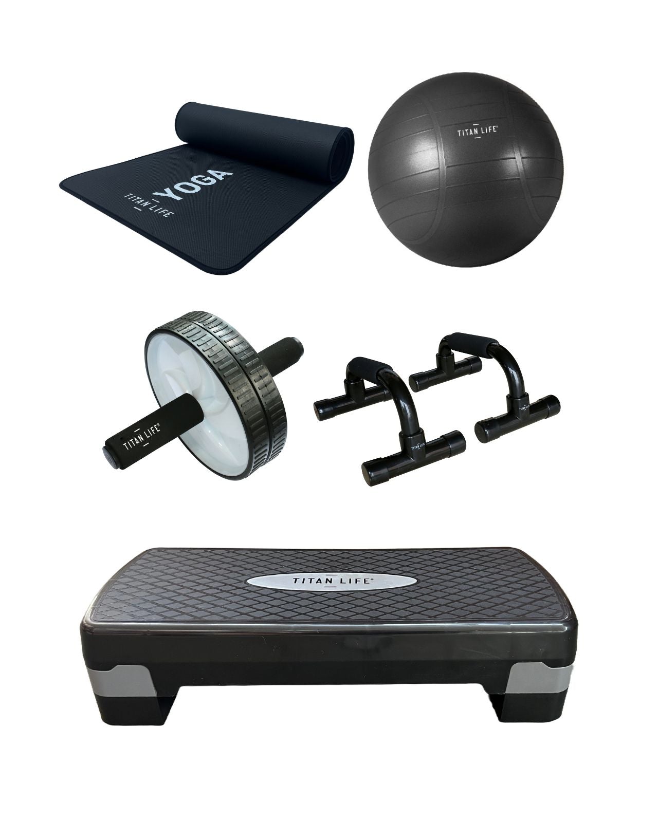 Titan Life Hemmaträningspaket – Stepbräda, Yogamatta, Maghjul & Gymboll