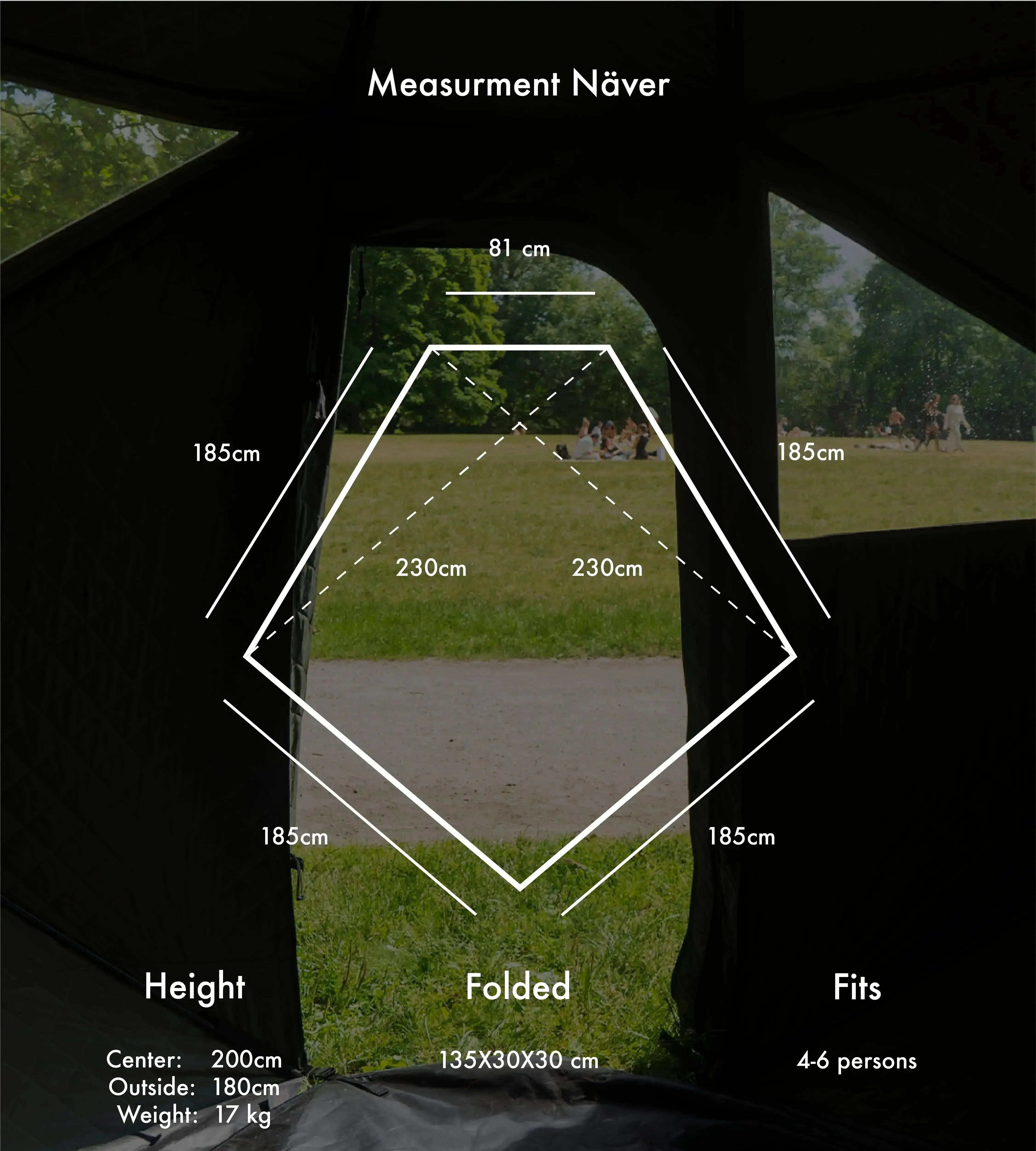 bast näver tält portabelt i svart mått på tältet