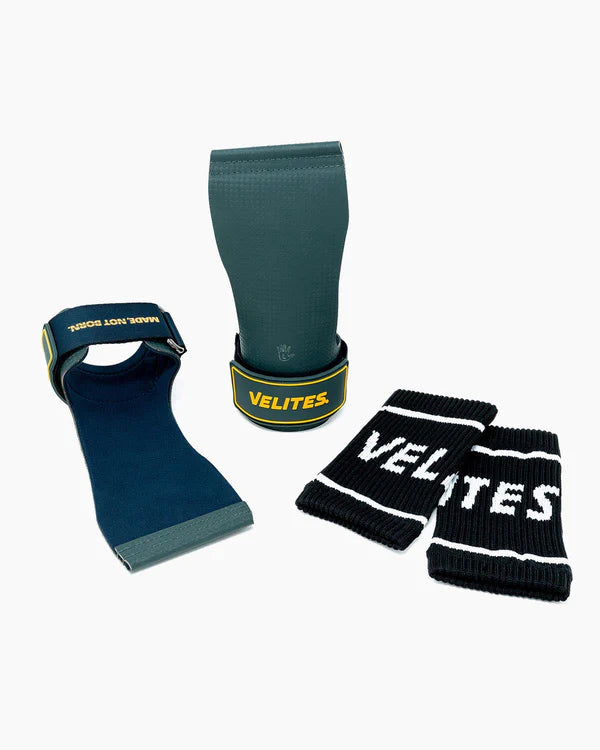 Velites Quad Ultra Hand Grips No Chalk grön liggandes med wristbands