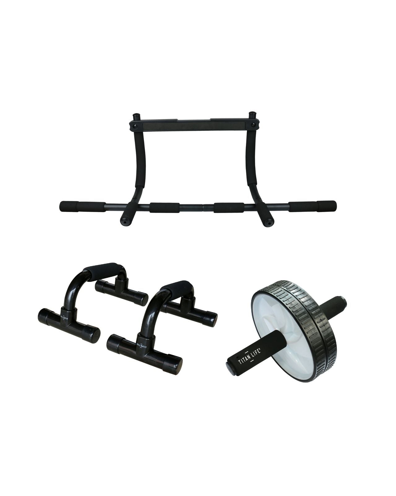 Träningspaket Hemma – Chin-Up Bar, Push-Up Bars & Ab Wheel