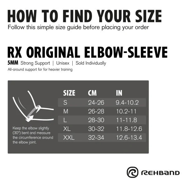 storleksguide Rehband RX Elbow Sleeve 5mm Black armbågsskydd