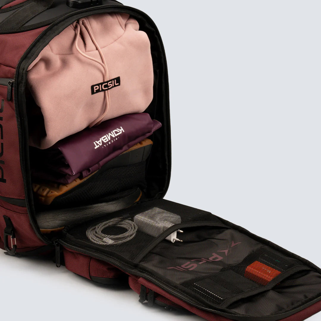 Picsil Maverick Backpack 40L Burgundy fack och organisation