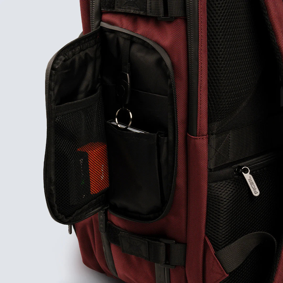 Picsil Maverick Backpack 40L Burgundy fack och organisation