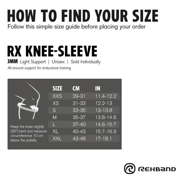 storleksguide Rehband RX Knee Sleeve 3mm