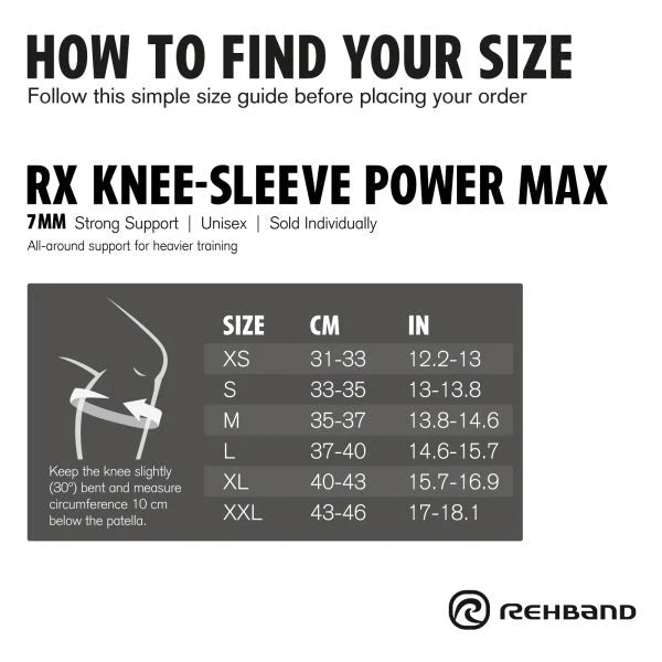 Storleksguide Rehband RX Knee Sleeve Power Max 7mm