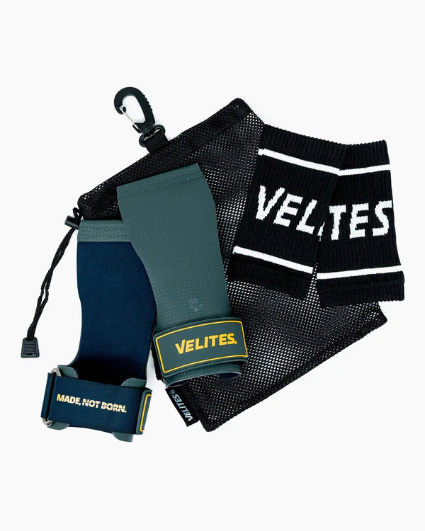 Velites Quad Ultra Hand Grips No Chalk grön med wristbands och påse